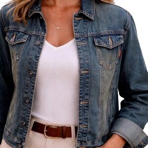 Eddie Bauer True Vintage L  90's 100% Cotton Denim Distressed Trucker Jacket